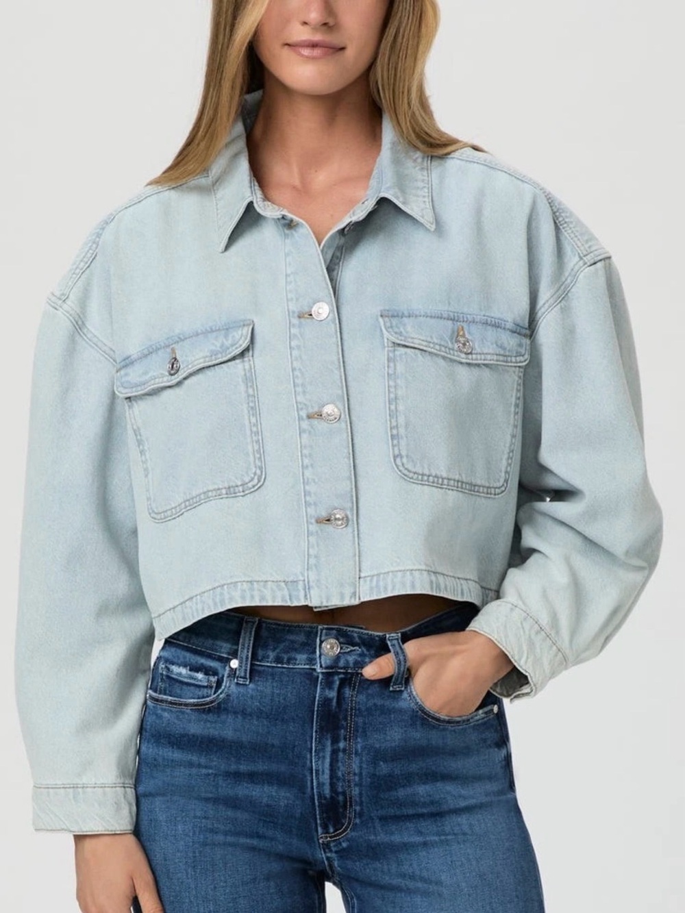 PAIGE Natalia Cropped Denim Shacket Windward Light Wash Jacket XS NWT